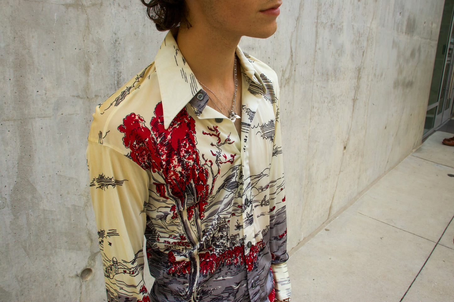 1970s All Over Print Medieval Button Up