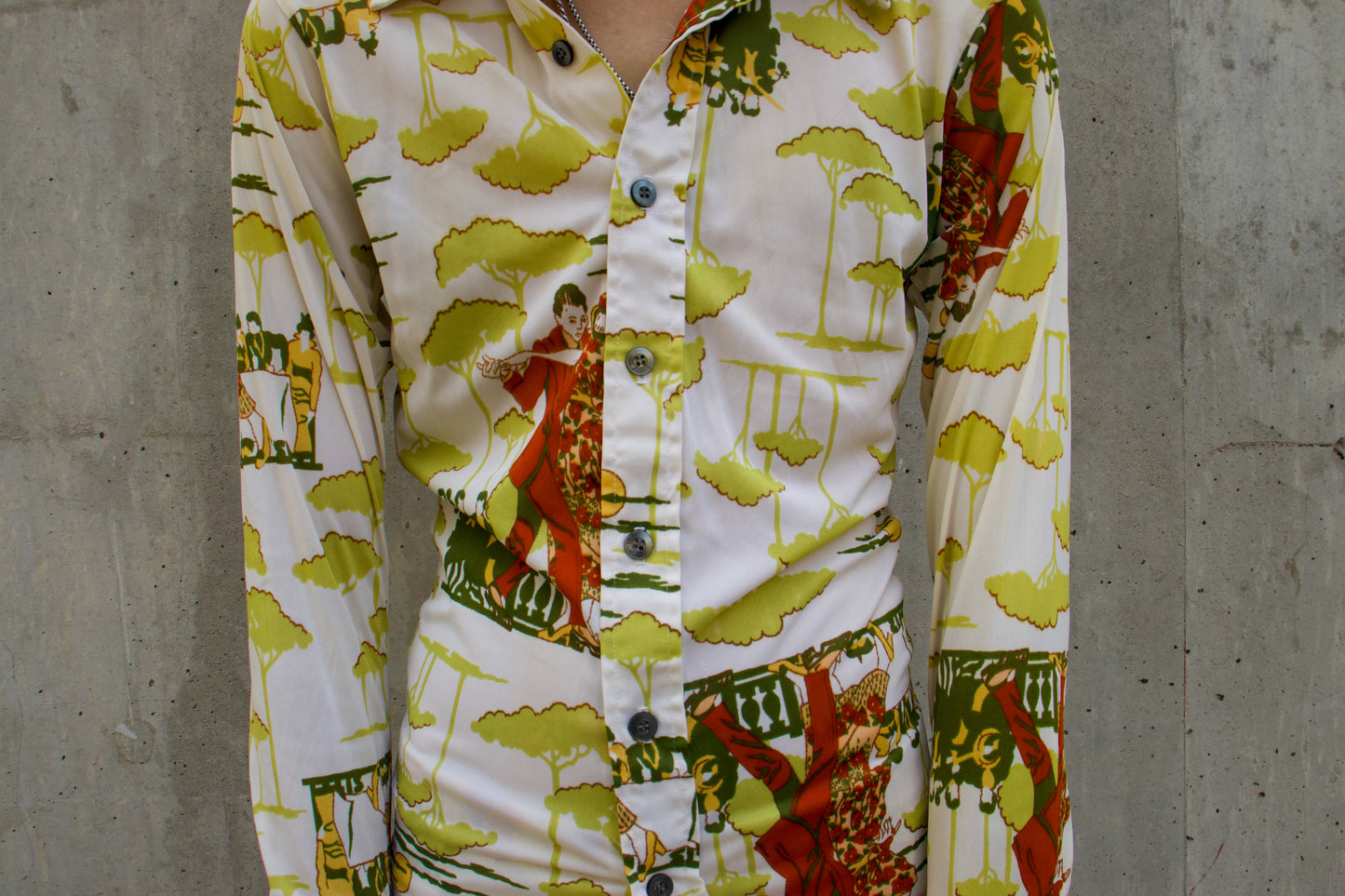 1970s All Over Print Dancing Couple Button Up